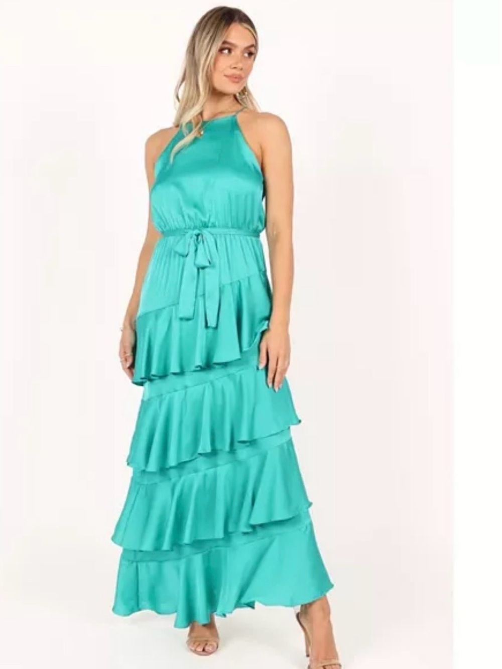 Petal & Pup Teal Tiered Halter Maxi Dress